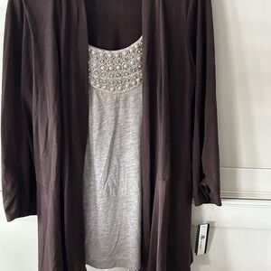 AB Studio Chocolate Brown Cardigan with Attached Taupe Beaded Tank